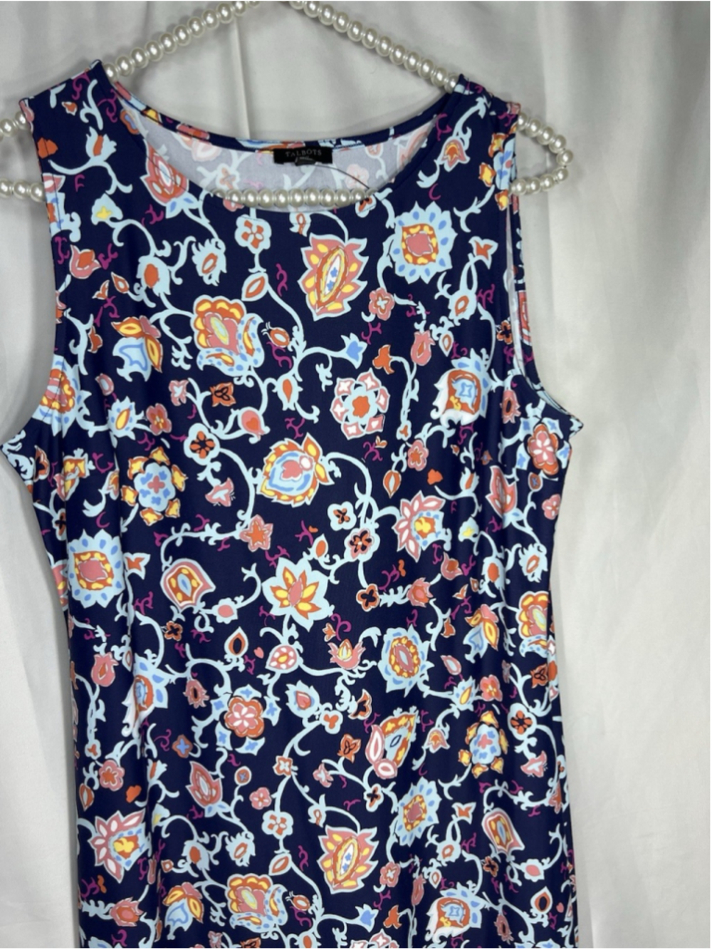 Talbots Navy Multicolor Boho Floral Knit Dress Sleeveless Scoop Neck PM Office - Picture 2 of 9